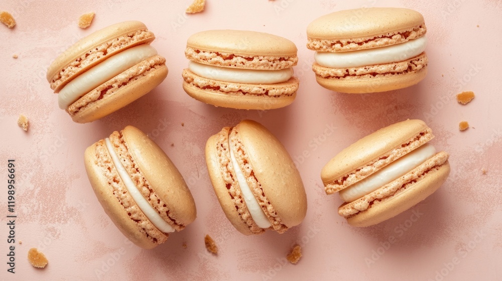 Poster assorted golden macarons on a pink background with scattered crumbs and copy space for text.