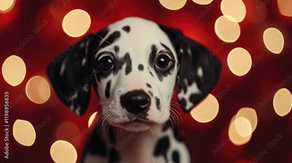 Poster dalmatian puppy portrait with soft bokeh lights in warm tones, focused close-up, featuring empty spa