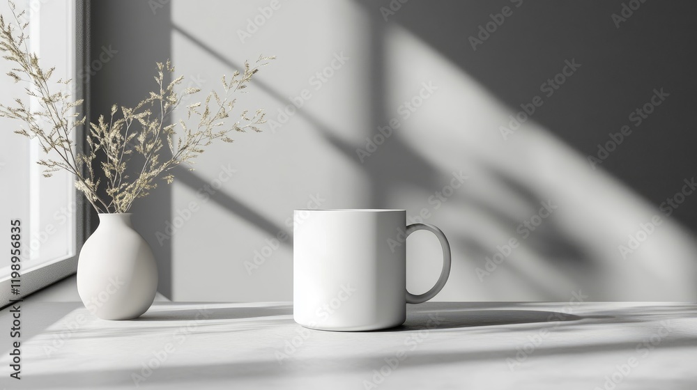 Poster minimalistic coffee mug and vase with dry flower on white table by window casting soft shadows on gr