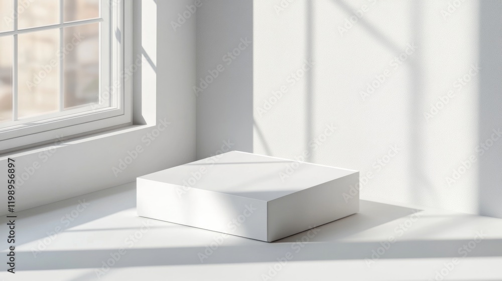 Poster minimalistic white box on a bright windowsill casting shadows with copy space for text placement.