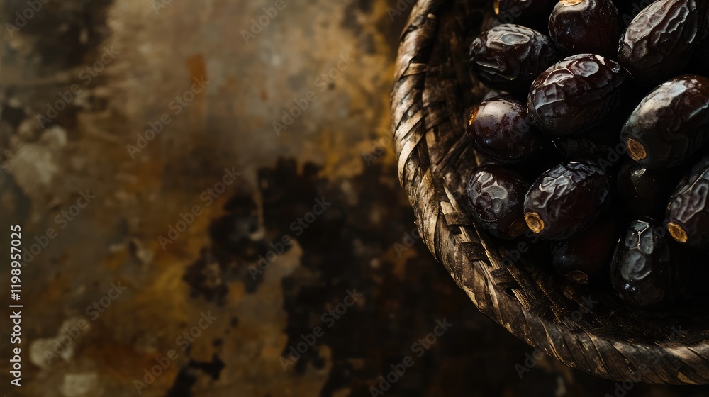 Poster close up of freshly harvested organic dark brown dates in woven basket on rustic textured background