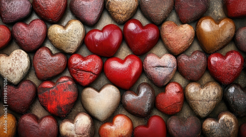 Poster Close Up Arrangement of Red and Brown Heart Shapes in Varying Shades on Neutral Background with Space for Text