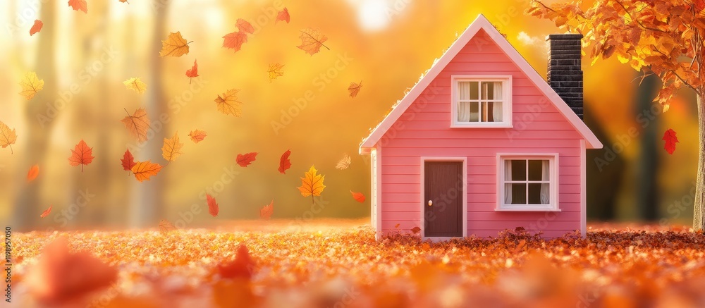 Poster charming pink cabin in vibrant autumn scenery surrounded by falling orange and red leaves with soft 
