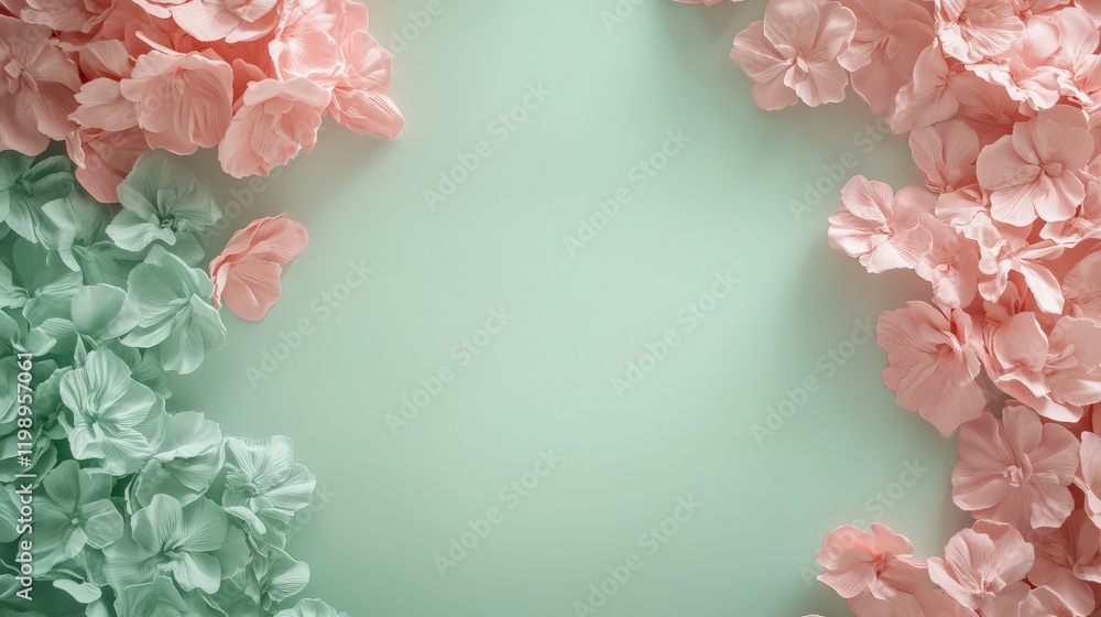 Poster close up of green and pink floral arrangement on mint background with negative space for text and de
