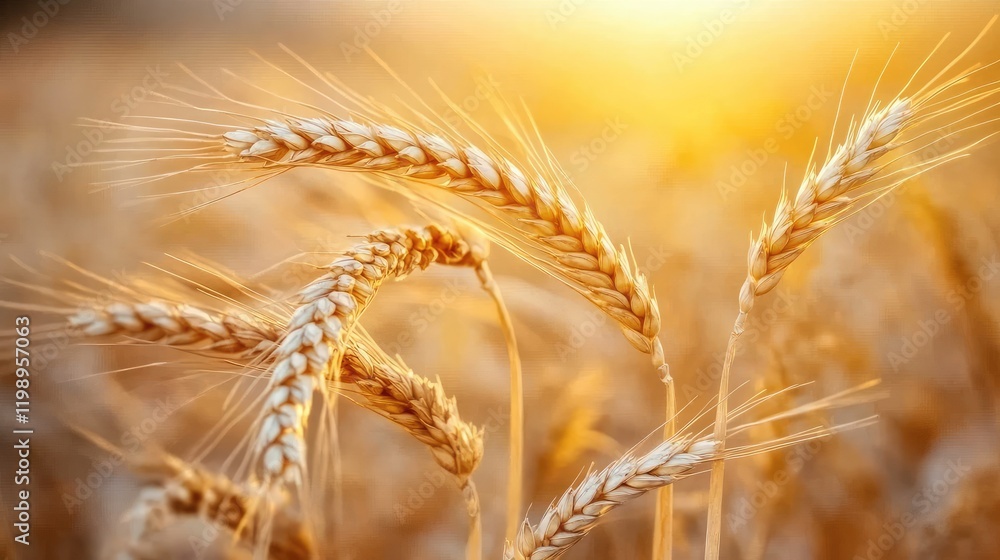 Poster golden wheat ears illuminated by sunset, close-up view, swaying in the breeze, with warm golden tone