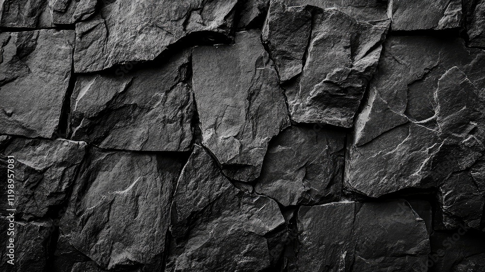 Poster detailed texture of dark gray stone wall close up for interior design featuring jagged rock formatio