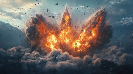 Fototapeta premium Catastrophic Explosion in Mountainous Landscape Captured in Detail