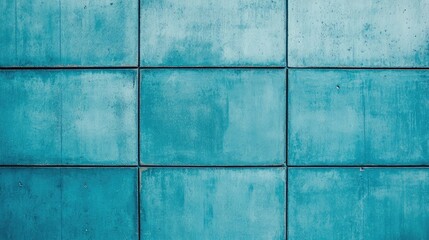 Textured teal and blue concrete wall featuring a square grid design, ideal for background use with ample negative space for text placement