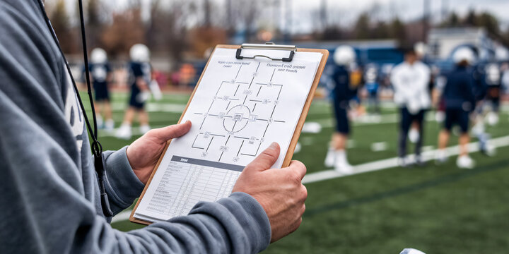 Football Coach Holding Strategy Clipboard on Field. A football coach holds a clipboard with detailed game strategies and play diagrams during a practice session on the field.