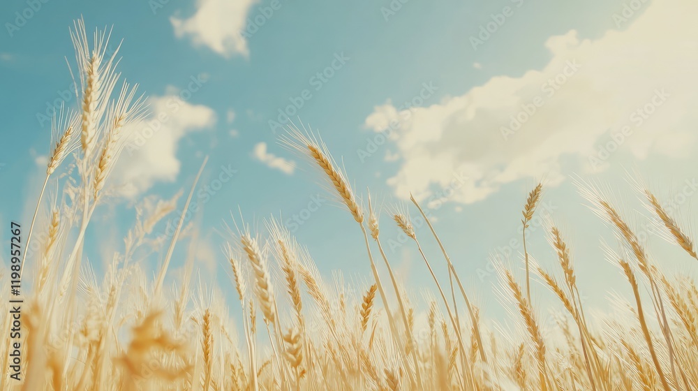 Poster Close up image of golden wheat stalks against a clear blue sky with white clouds and ample negative space for text in a rural setting