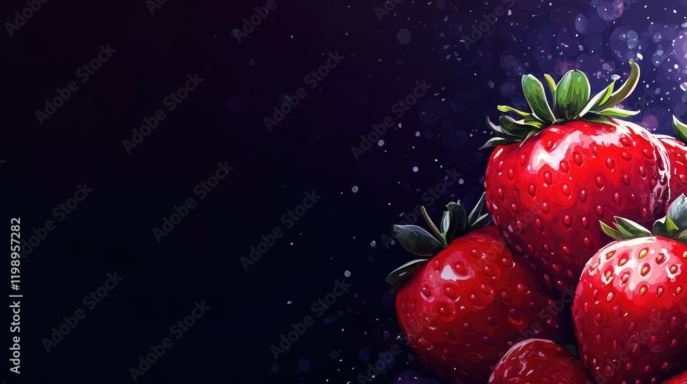 Poster fresh ripe red strawberries clustered in the foreground against a rich dark purple backdrop with emp