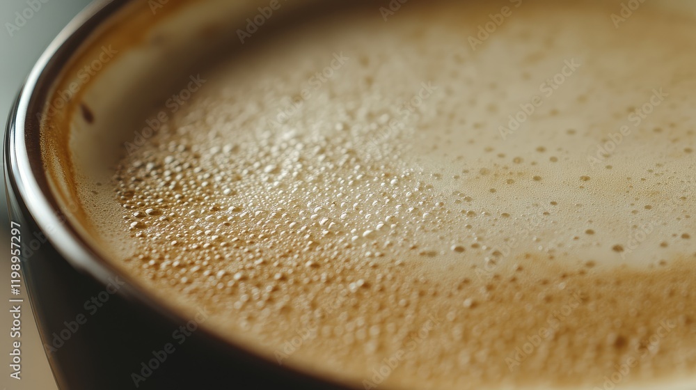 Poster close up of a creamy frothy cappuccino in a dark ceramic cup on a neutral background showcasing rich