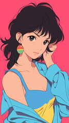 レトロな都市と80年代ファッション｜アニメ風女性キャラクター、スマートフォン9:16のアスペクト比