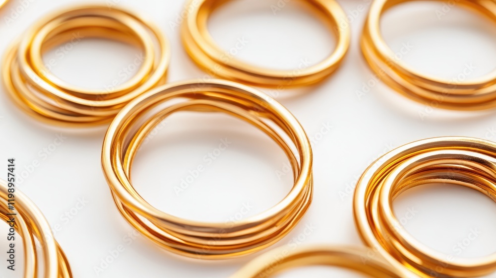 Aufkleber Close up view of shiny golden coil gaskets arranged artistically on a clean white background with ample copy space for text and design elements