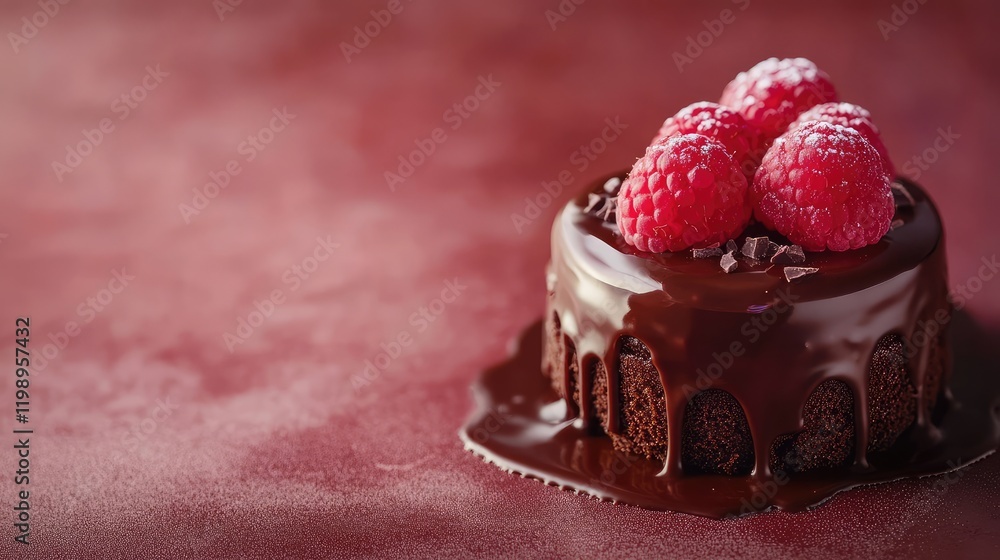 Poster Close up of gourmet chocolate cake topped with fresh raspberries on a rich cocoa glaze against a textured red background with empty space for text
