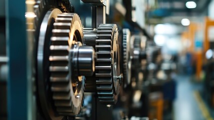 Fototapeta premium Close up of metallic gears in an industrial production machine highlighting engineering precision in a manufacturing facility with blurred background and ample copy space