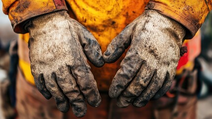 Detailed view of a construction worker's dirty gloves positioned apart against a blurred backdrop, emphasizing wear and texture on the hands.