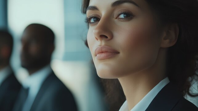 Close up of a young businesswoman with dark hair and soft features in an office setting with blurred colleagues in the background and light gray tones.