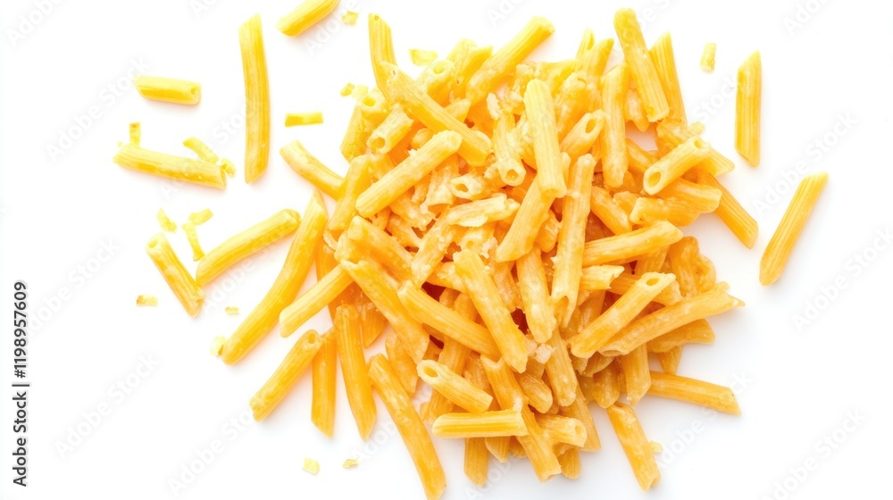 Poster dried macaroni pasta scattered on a white background with copy space for text or graphics