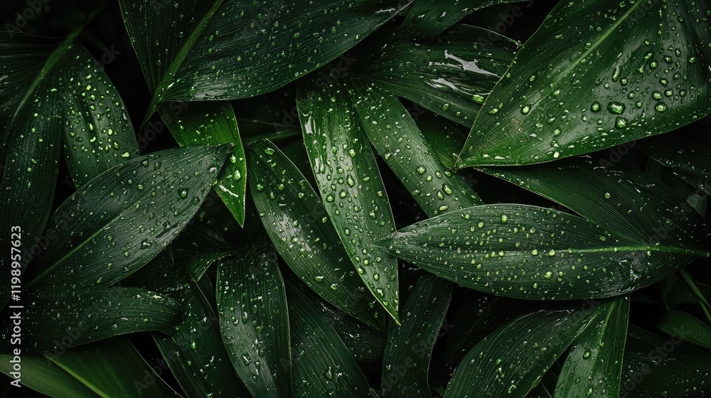 Poster close up of dark green leaves with raindrops texture on foliage with blank space for text on a black