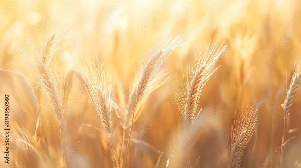Poster Close up of golden wheat ears swaying in a sunlit ripe field with warm hues and soft bokeh effect creating ideal empty copy space for text.