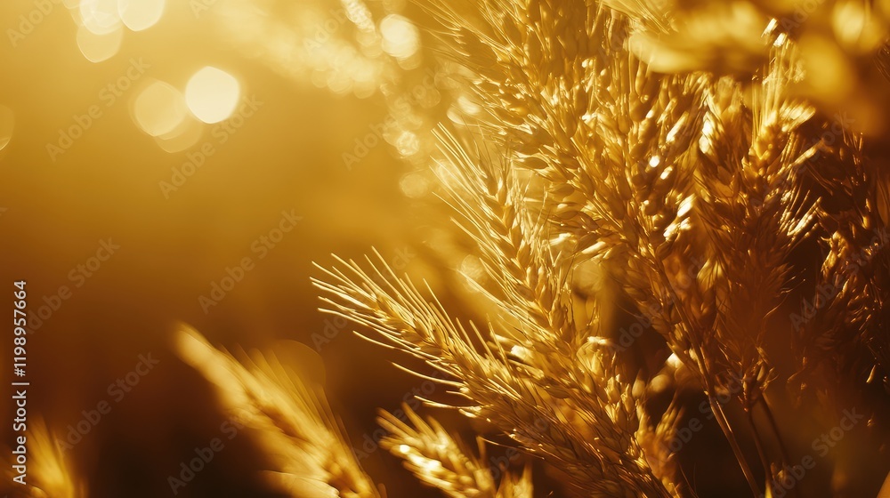 Poster Golden Wheat Close-Up in Sunlight with Blurred Bokeh Effect and Empty Copy Space for Text