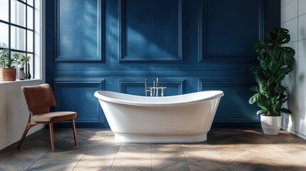 Elegant Bathroom with Freestanding Bathtub and Dark Blue Wall