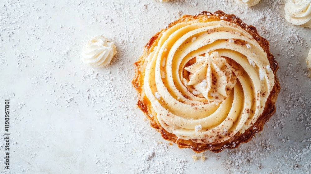 Poster delicious close-up of a creamy pastry topped with swirling buttercream icing, light beige colors aga