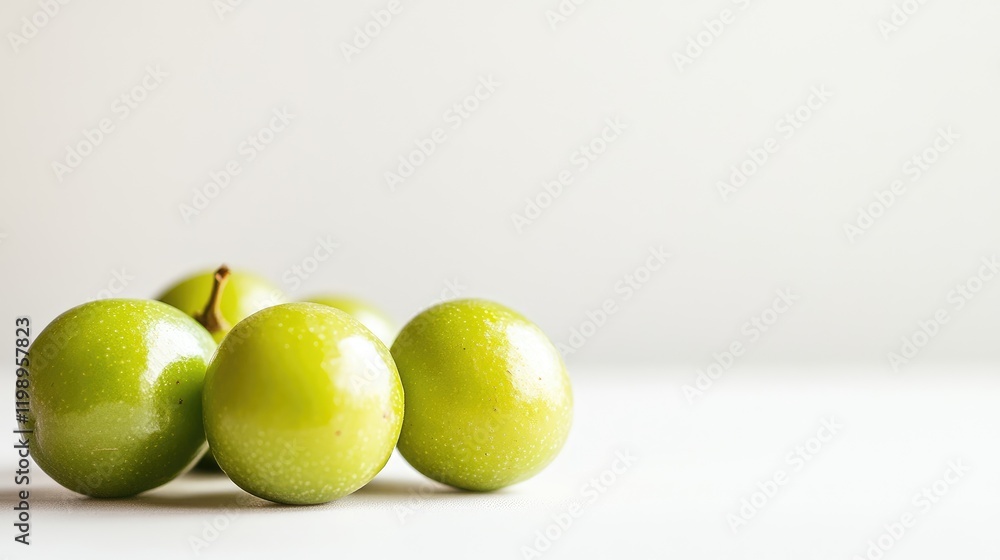 Poster Close-up of vibrant green greengage fruits arranged on a minimalist white background with ample negative space for text and design elements.