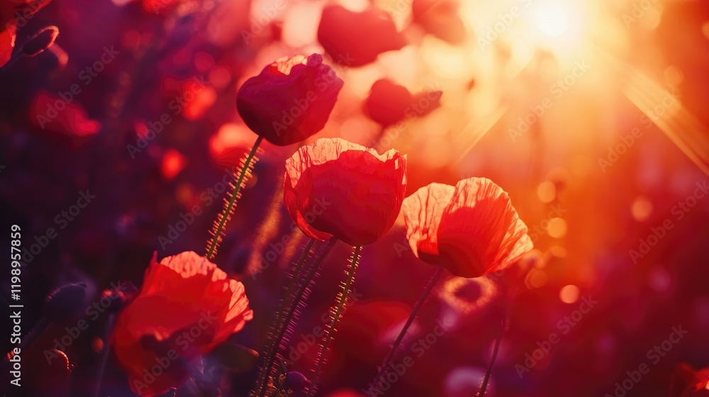 Poster vibrant red poppy flowers in a field with warm sunlight illuminating the scene creating a colorful b