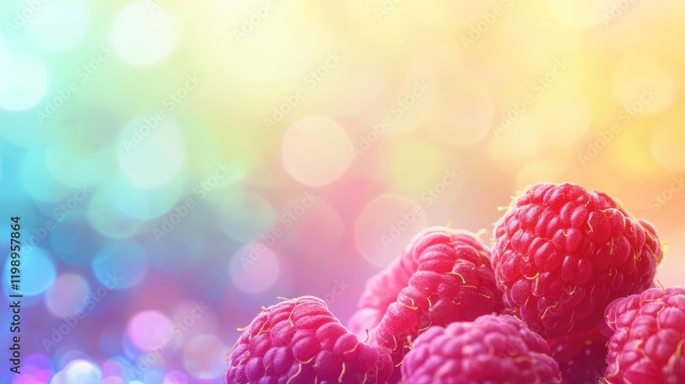Poster Vibrant close up of fresh raspberries featuring rich red hues against a blurred multicolored bokeh background with space for creative text.
