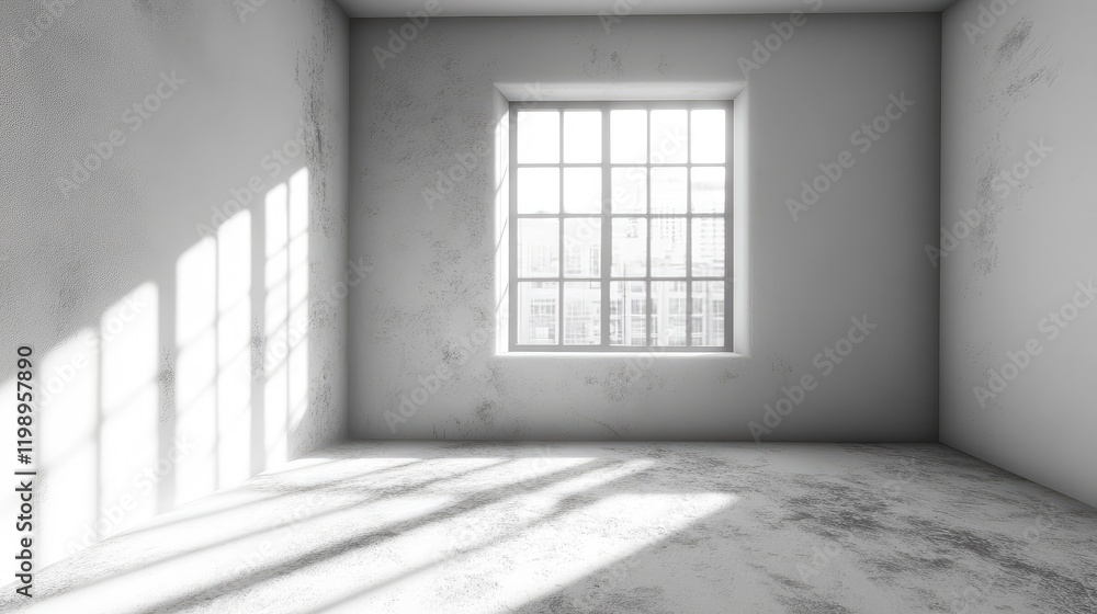 Poster empty room interior with large window casting shadows on the wall and floor copy space for minimalis