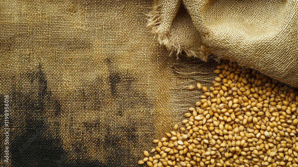 Poster golden barley grains spilling from a burlap sack on textured dark brown fabric with empty space for 