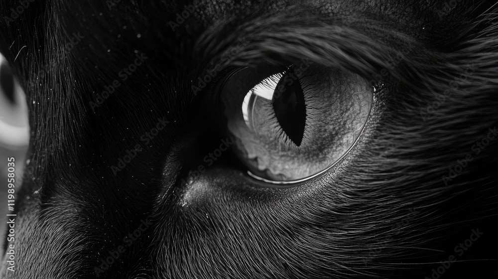 Poster detailed close-up of a black cat's eye with intricate textures and reflections in a monochrome palet