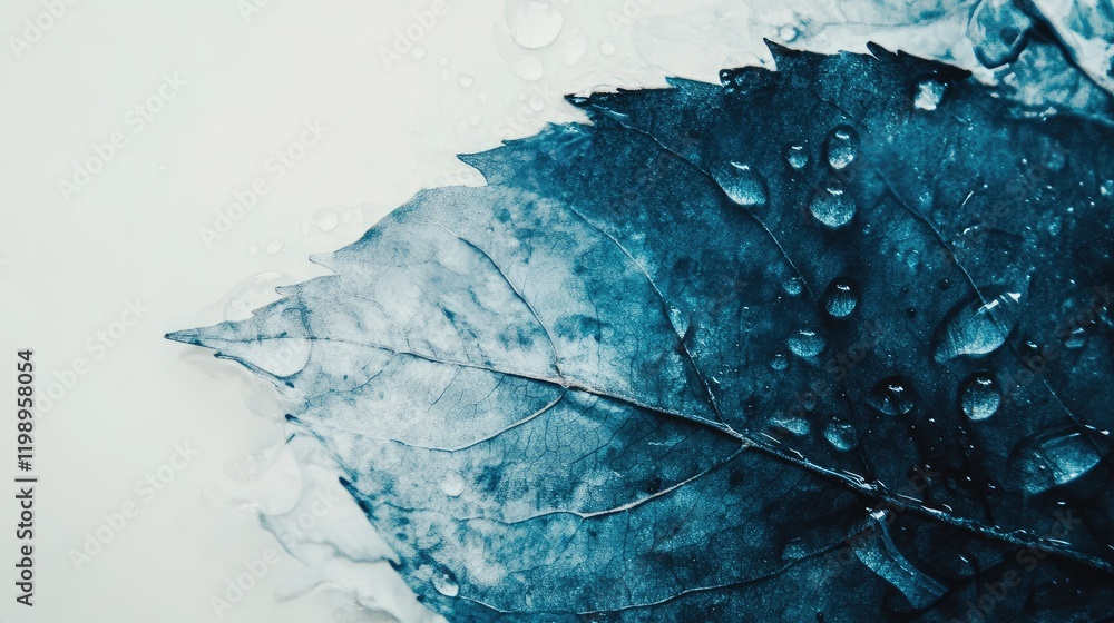 Poster Macro View of Dark Green Leaf with Water Droplets and Clear Background for Text Placement in Natural Freshness Concept