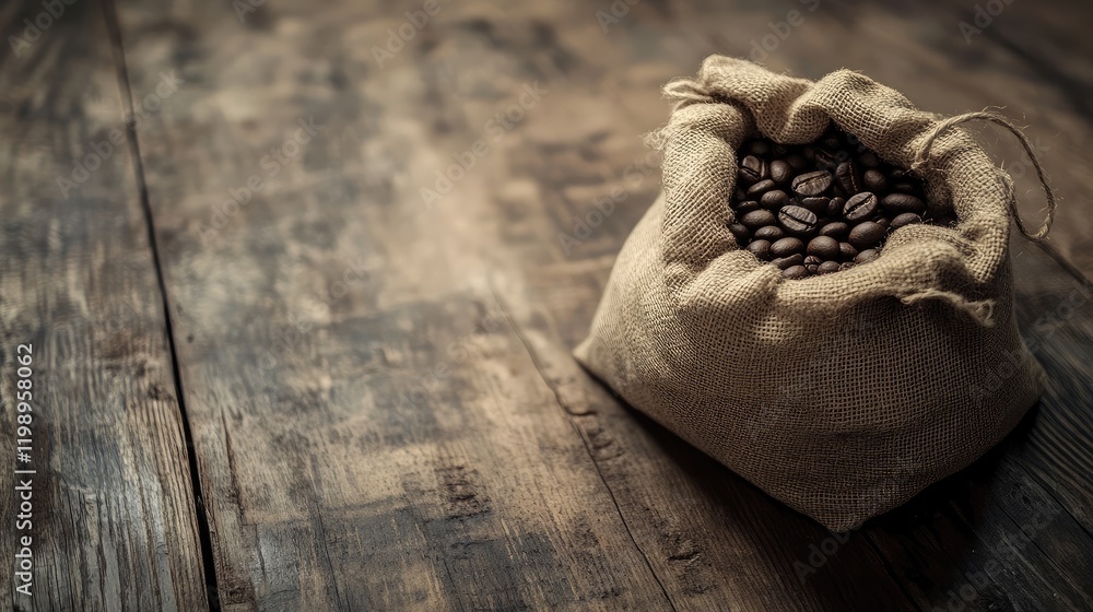 Poster close up of a rustic burlap coffee bean bag on dark weathered wooden table with empty space for text