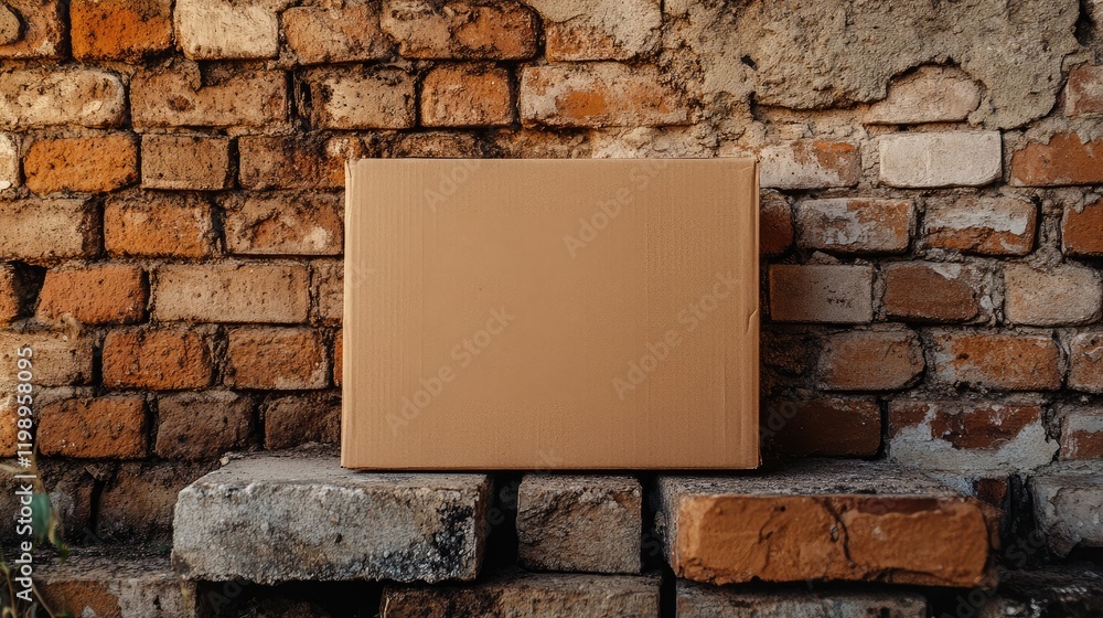 Aufkleber cardboard box positioned against rustic brick wall in warm earthy tones creating a subtle empty spac