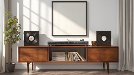 Modern Living Room with Vinyl Records and Mid-Century Furniture