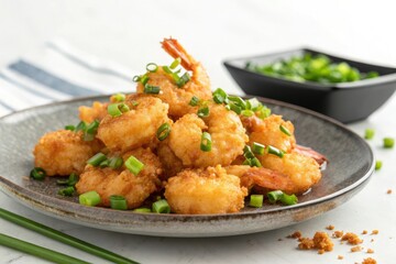 Fototapeta premium A plate of golden fried shrimps topped with chopped scallions and chives, food presentation, appetizer platter, crispy fried shrimps, culinary garnish