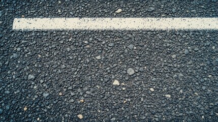 Textured gray asphalt road surface featuring small gravel and chips, with a white stripe, captured from a top-down perspective.