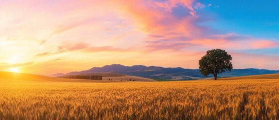 stunning sunset over golden wheat field with lone tree