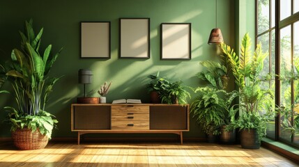 Modern Living Room Interior with Green Walls and Indoor Plants