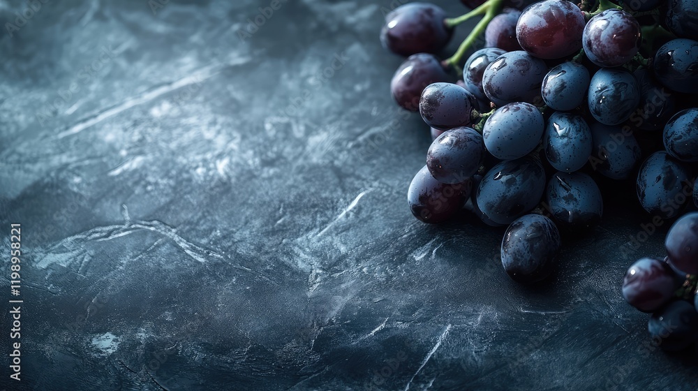 Poster Close up dark purple grapes on textured black tabletop beside wine glass with empty space for text background in vertical orientation