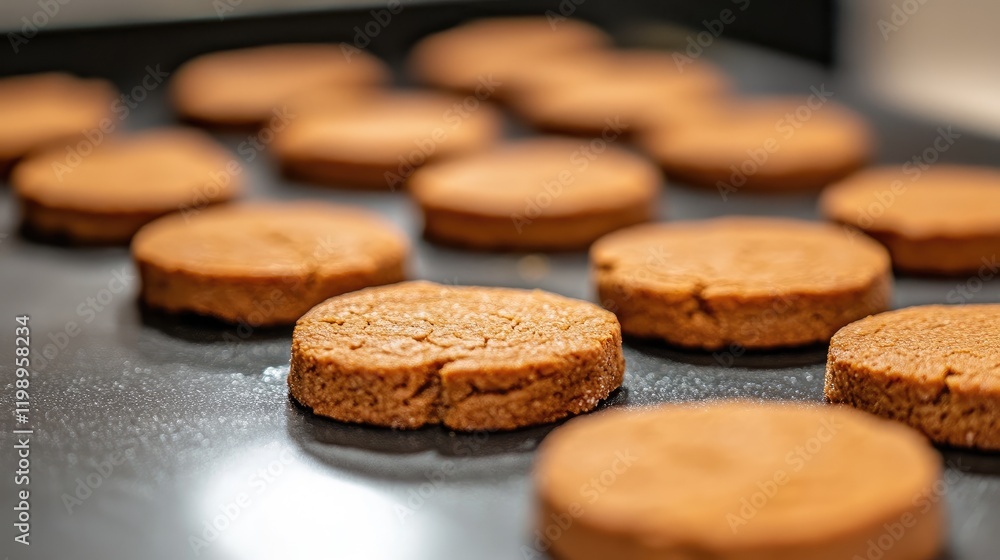 Poster Freshly Baked Gingerbread Cookies on Dark Baking Sheet with Soft Focus Background and Empty Space for Text in Warm Brown Tones
