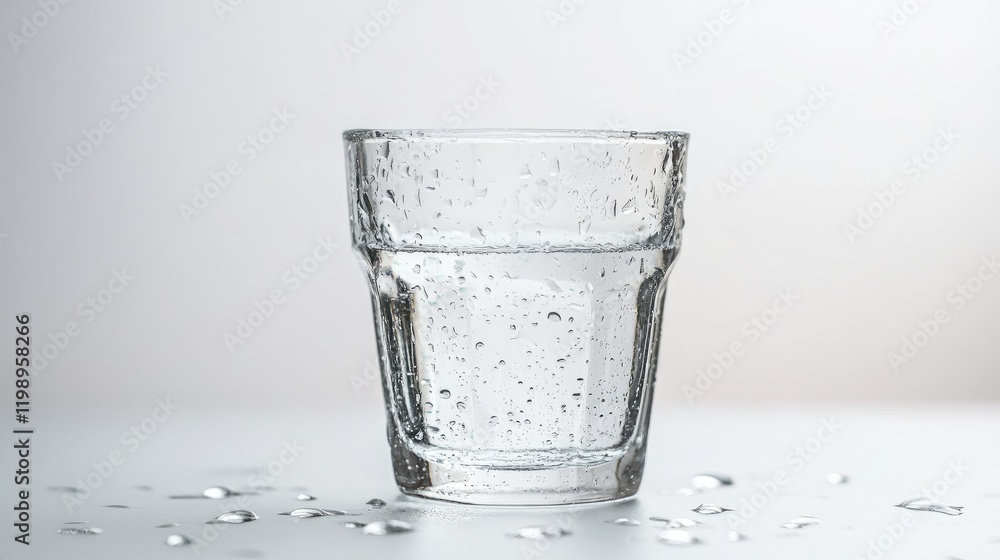 Poster close up of a clear glass filled with water and covered in droplets on a bright white background wit