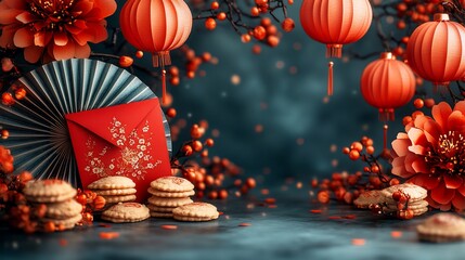 Naklejka premium Festive Lunar New Year scene with red envelopes, lanterns, flowers, and cookies.