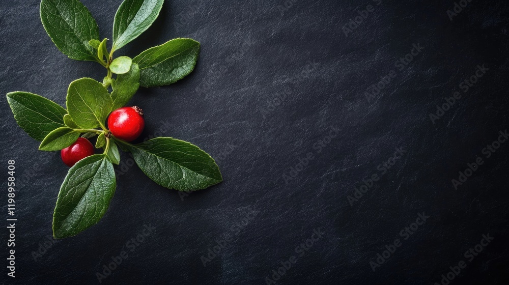 Poster fresh green leaves and bright red berries on a textured dark background with copy space for text pla