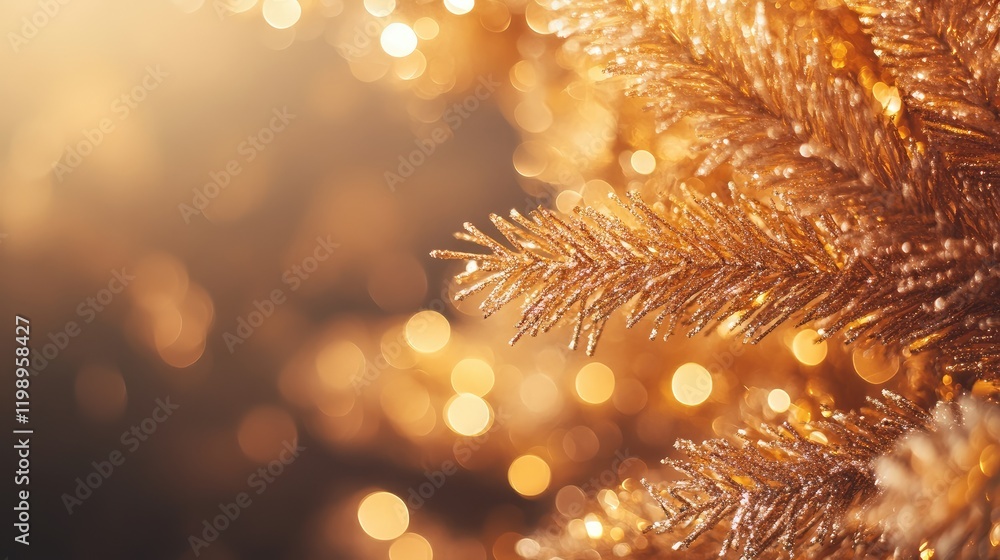 Poster Close up of shimmering golden Christmas decorations on a soft blurred background with warm bokeh lights and ample space for festive text or advertisement