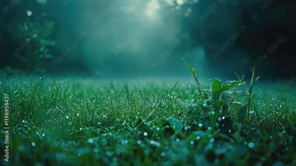 Poster foggy morning grass with dew drops in a tranquil forest setting with soft diffused light and copy sp