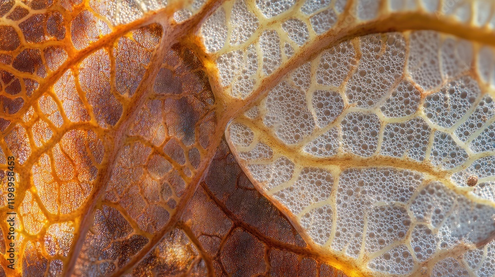 Poster close-up of dried leaves showing intricate textures and patterns in warm autumn colors with copy spa
